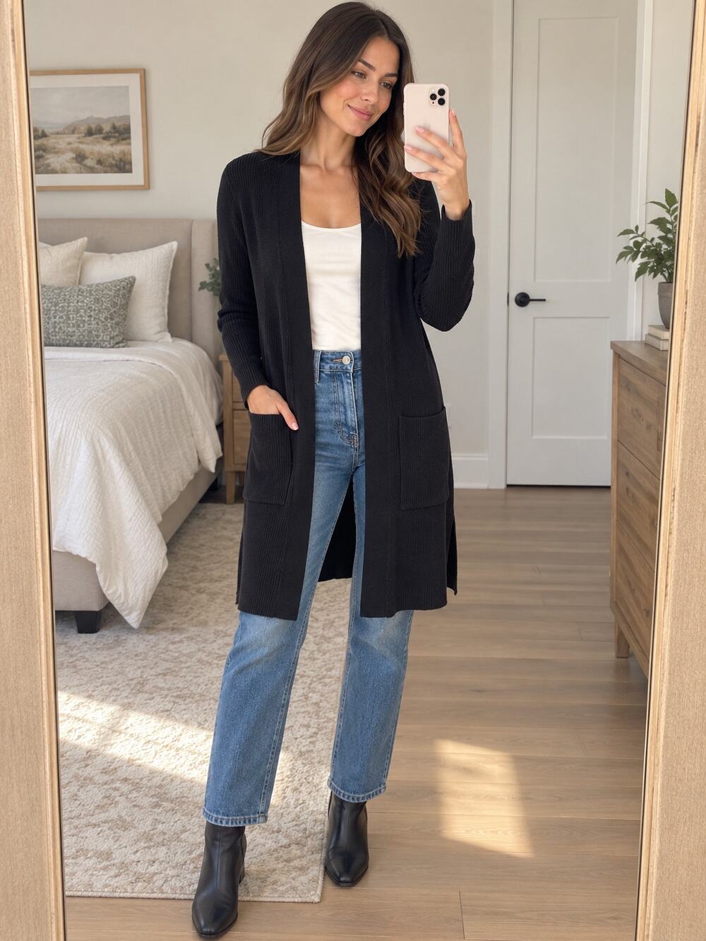 Ann Taylor Black Ribbed Duster Cardigan XS Open Front Pockets NWOT